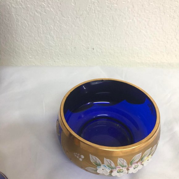 (Rare)Vintage Bohemian Raised Floral Czech Cobalt Blue 24K Gold - Picture 4 of 8